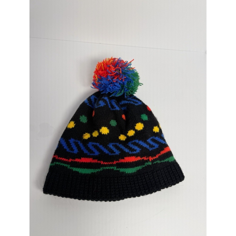 VINTAGE STOCKING CAP 80'S RETRO- FUZZY BALL TOP